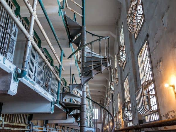 Winding stairs to the second floor of the infamous Alcatraz prison. 