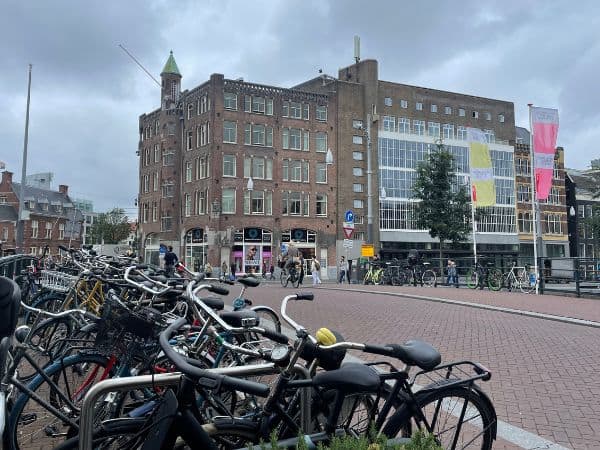 numerous bikes lined up along the street in Amsterdam