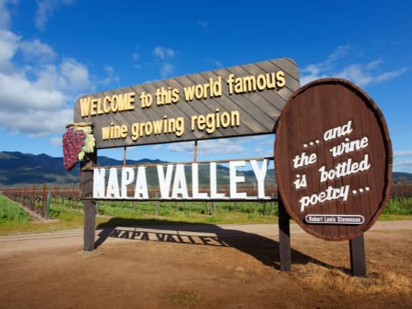 The welcoming sign of Napa Valley against a backdrop of vibrant vineyards and clear skies, proclaiming the region as a world-famous wine-growing area, inviting visitors to experience 'bottled poetry'.